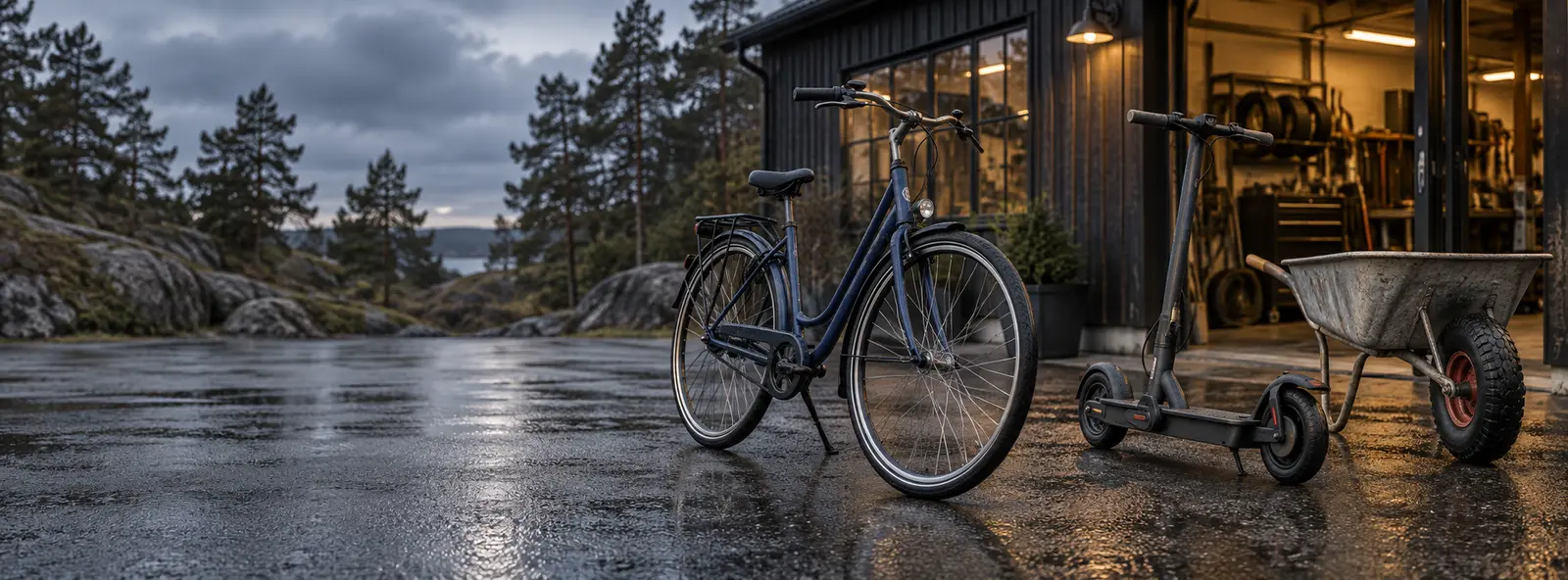 Cykel, elsparkcykel och skottkärra på regnvåt asfalt utanför en verkstad med öppen upplyst port